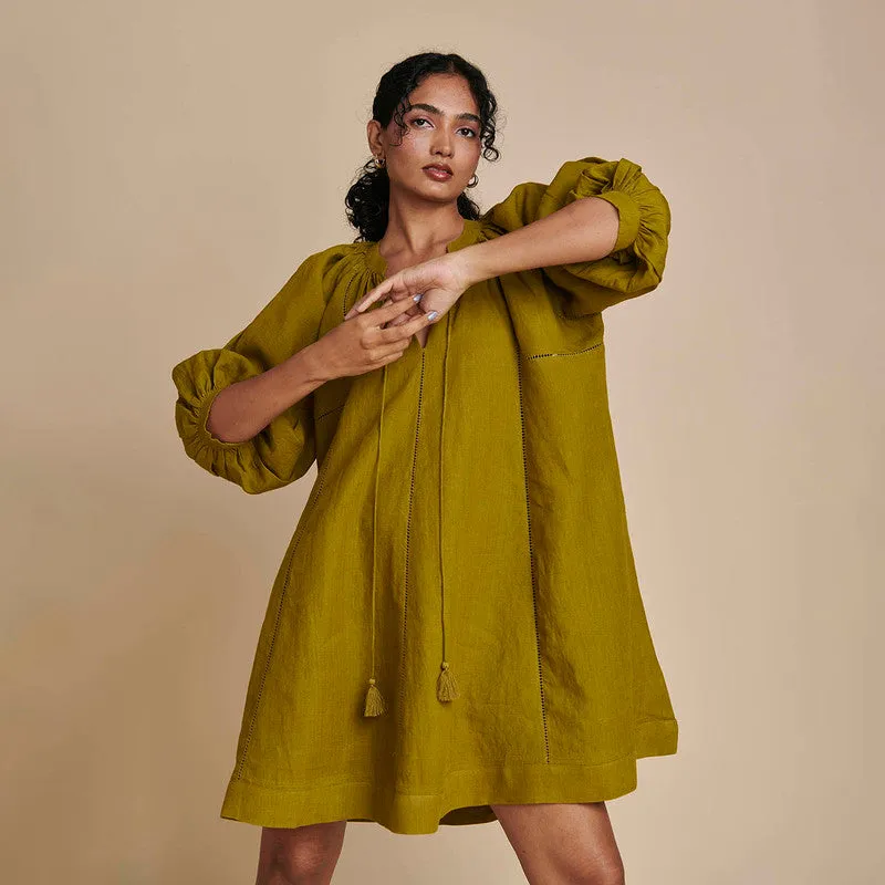 Linen Short Dress for Women | Mehndi Green