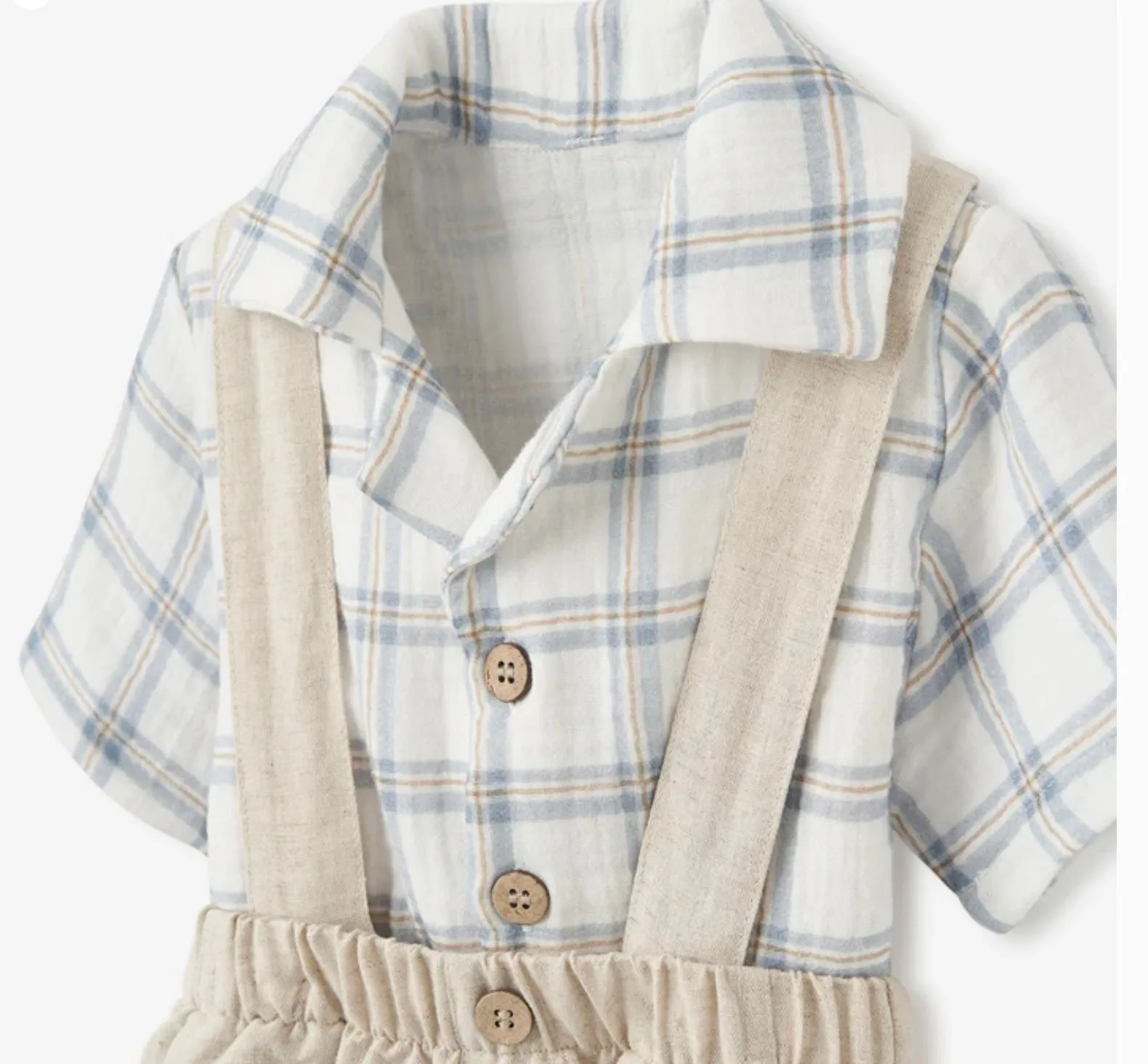 Linen Suspender Shorts & Plaid Organic Shirt by Elegant Baby