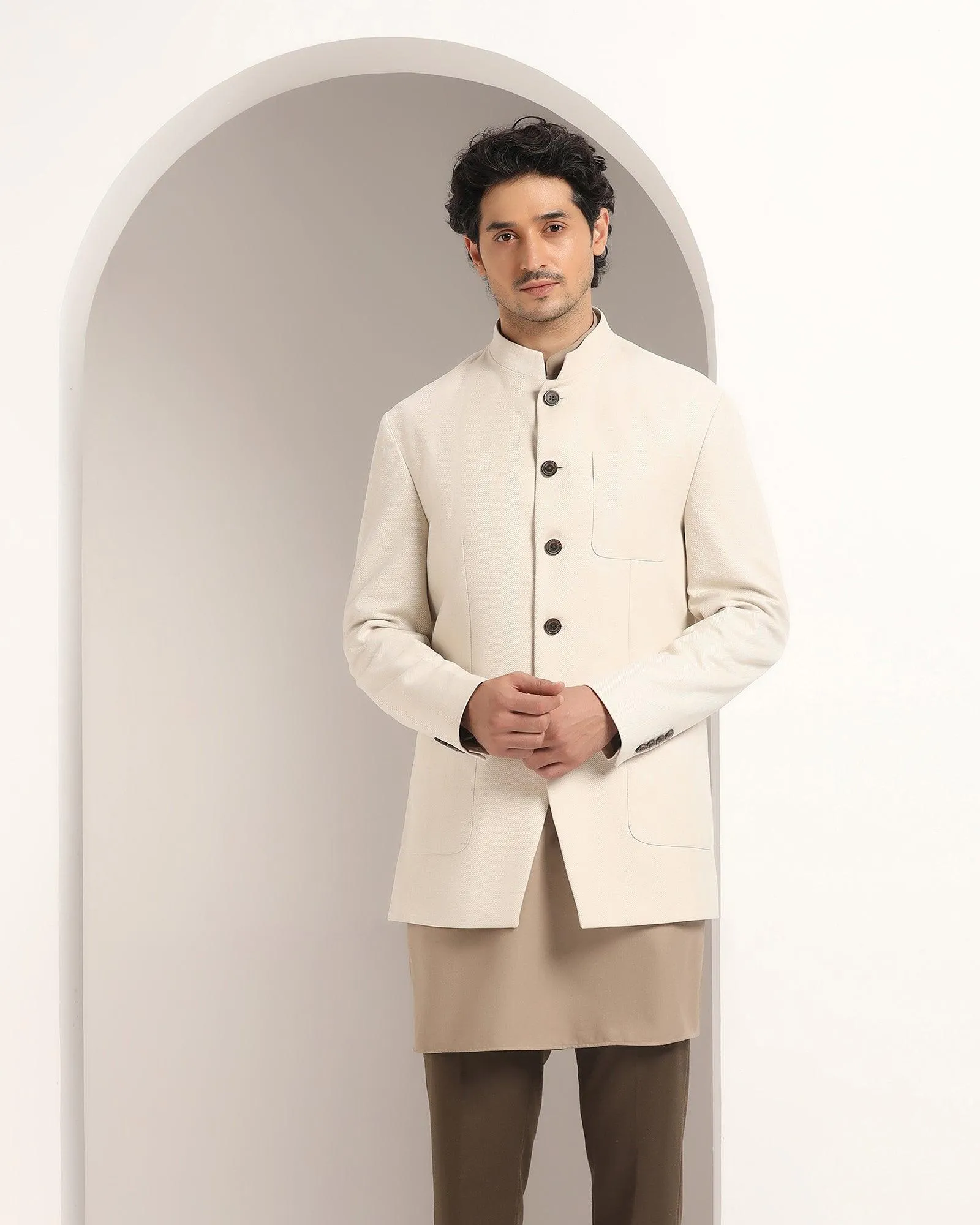 Linen Swarn Three Piece Beige Solid Achkan Set - Anok