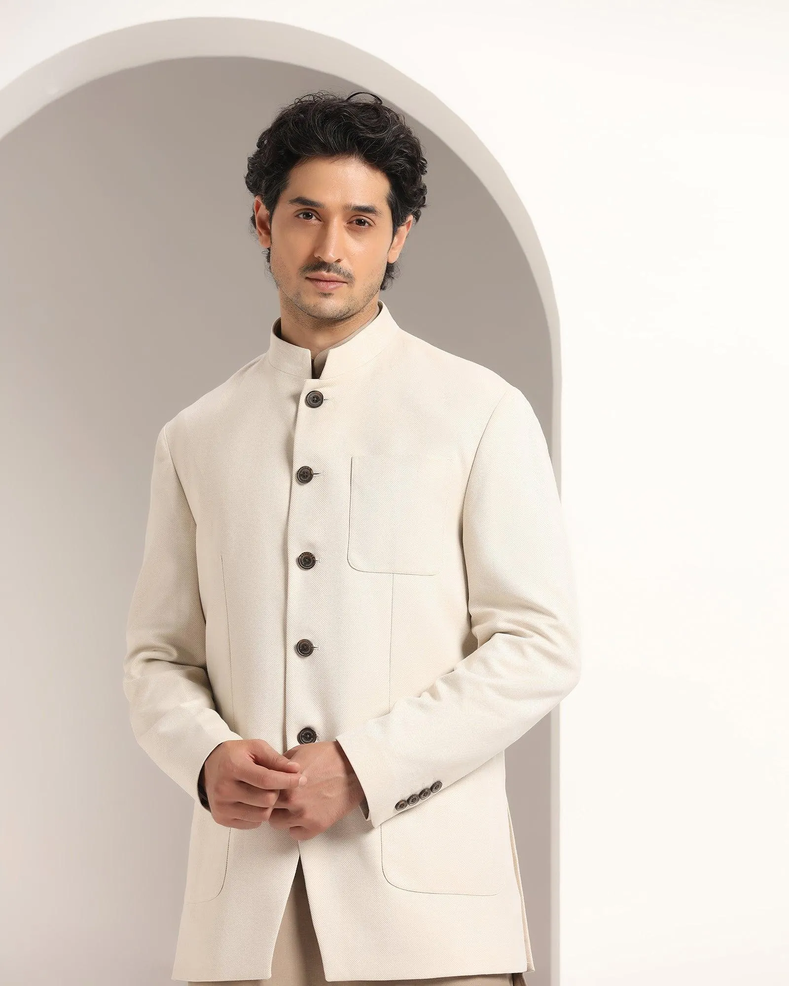 Linen Swarn Three Piece Beige Solid Achkan Set - Anok