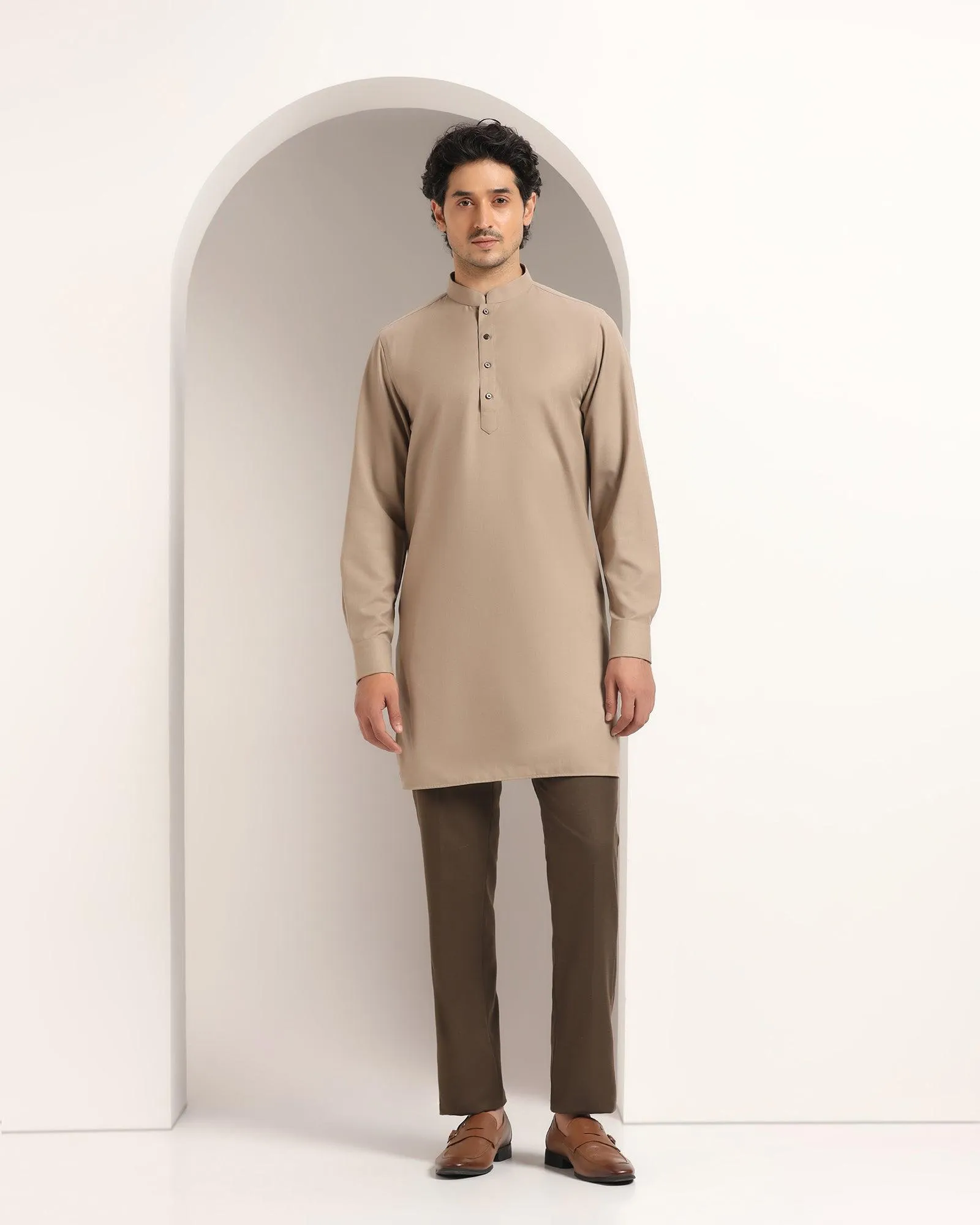 Linen Swarn Three Piece Beige Solid Achkan Set - Anok