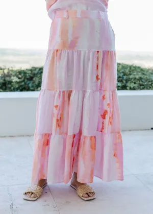 Linen Tiered Skirt Watercolour Pink