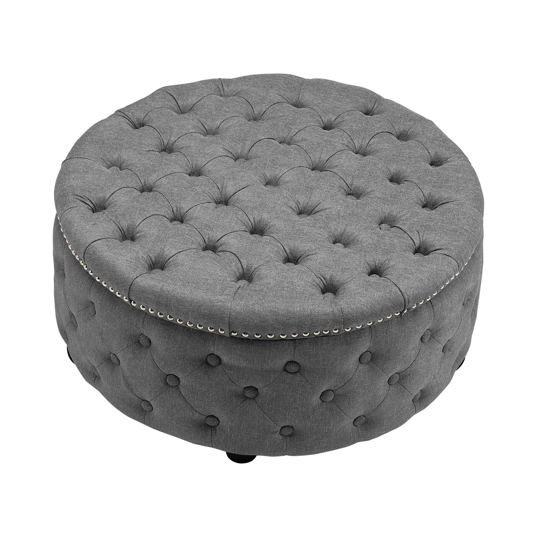 Linen Upholstered Ottoman Footrest Round Footstool with Studed Edge