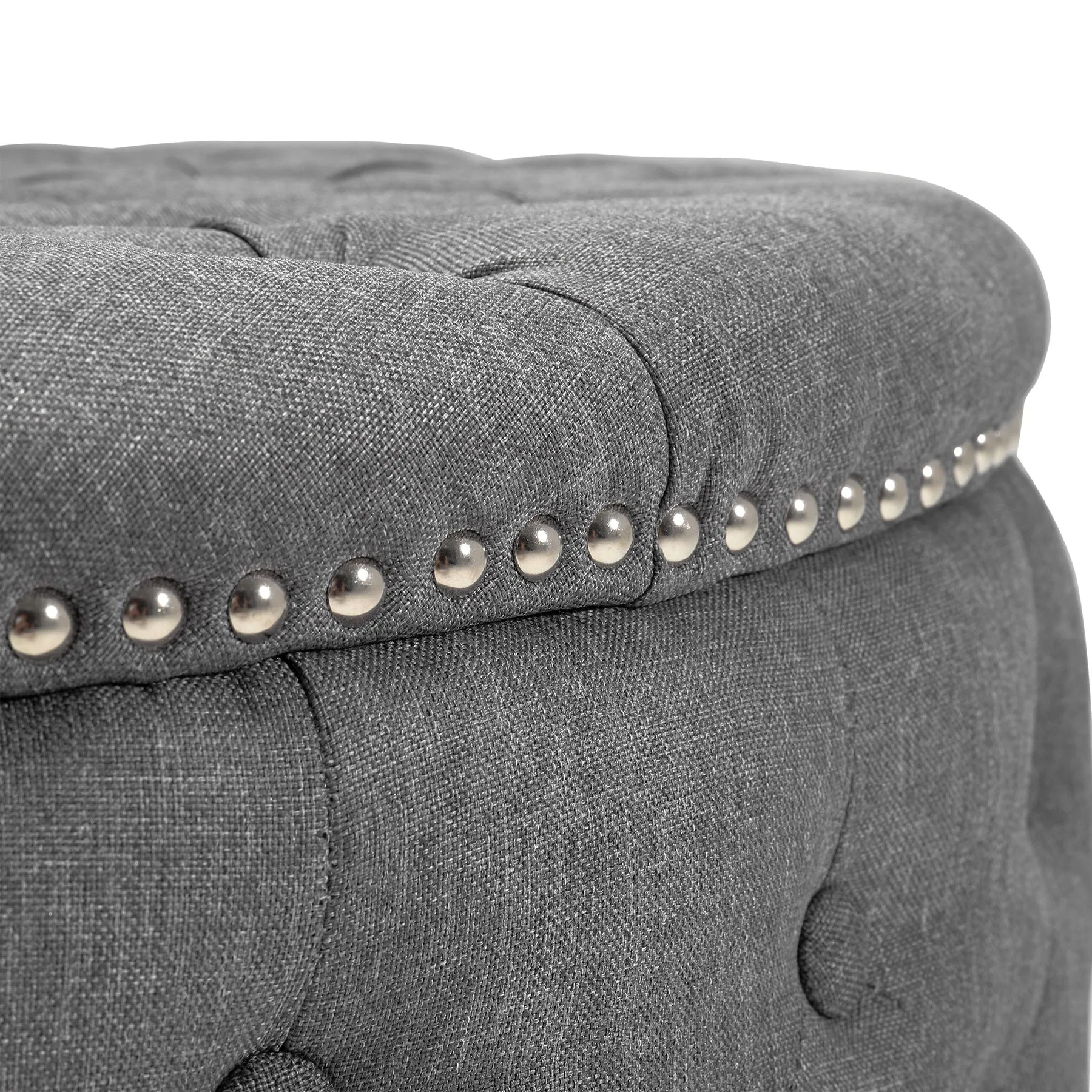 Linen Upholstered Ottoman Footrest Round Footstool with Studed Edge