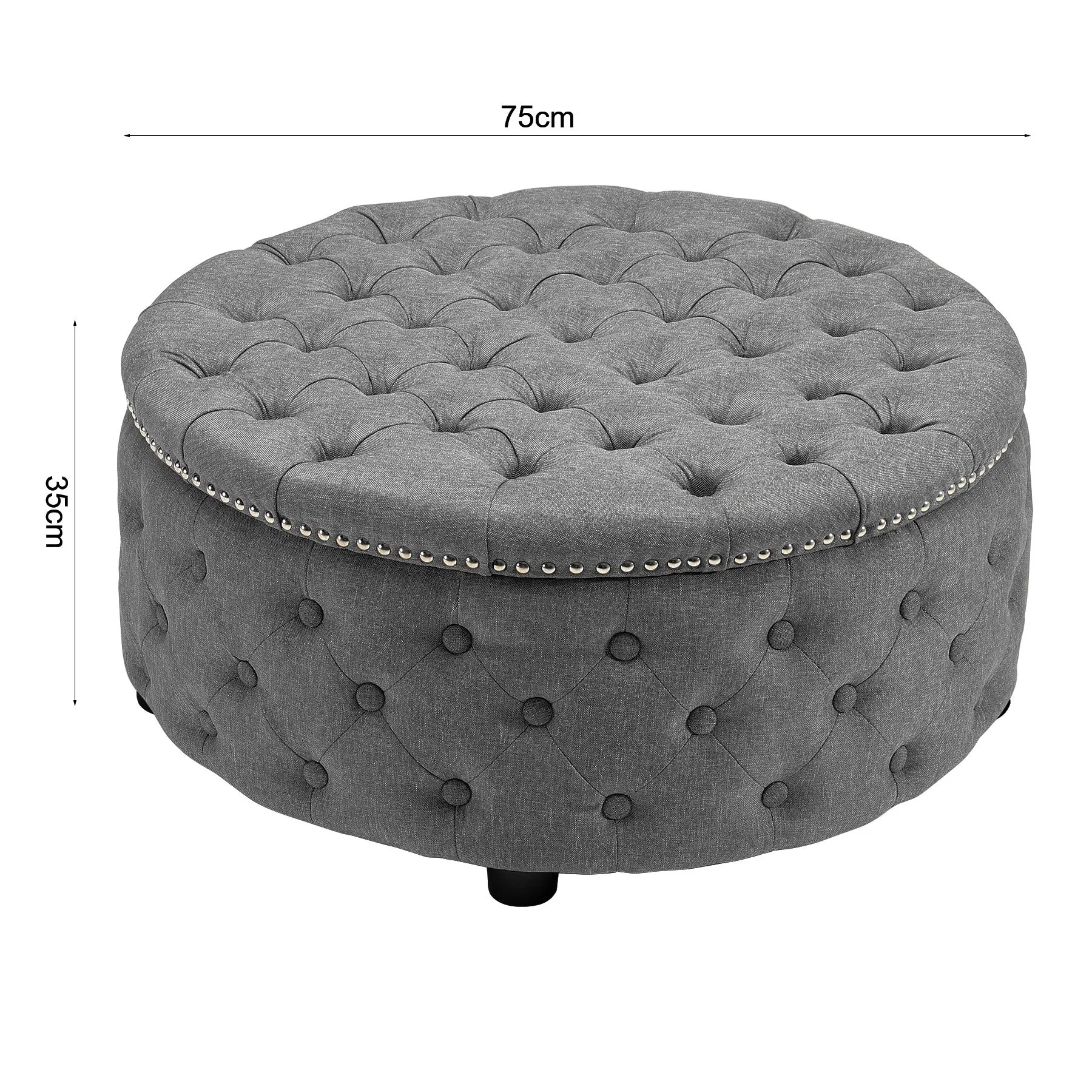 Linen Upholstered Ottoman Footrest Round Footstool with Studed Edge