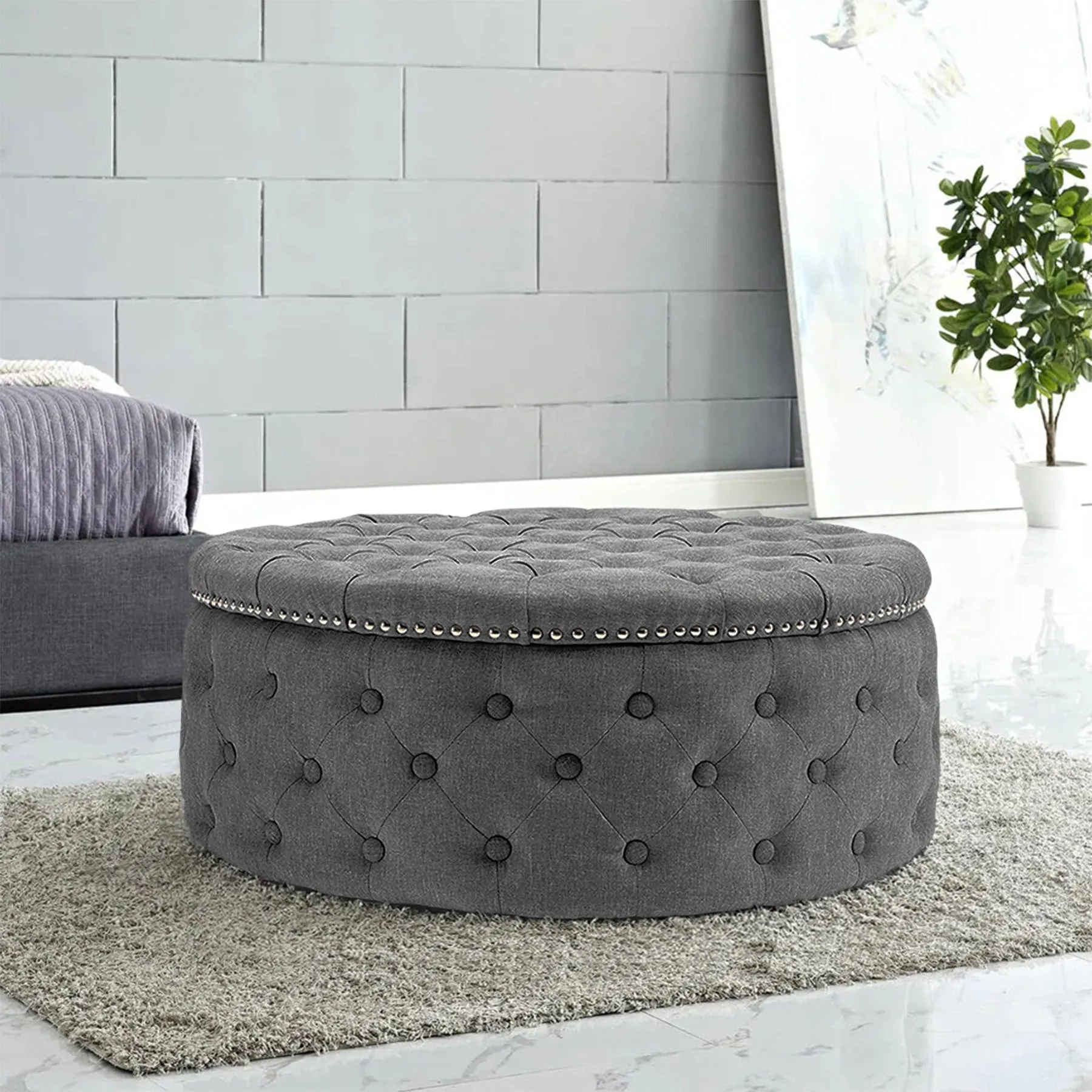 Linen Upholstered Ottoman Footrest Round Footstool with Studed Edge