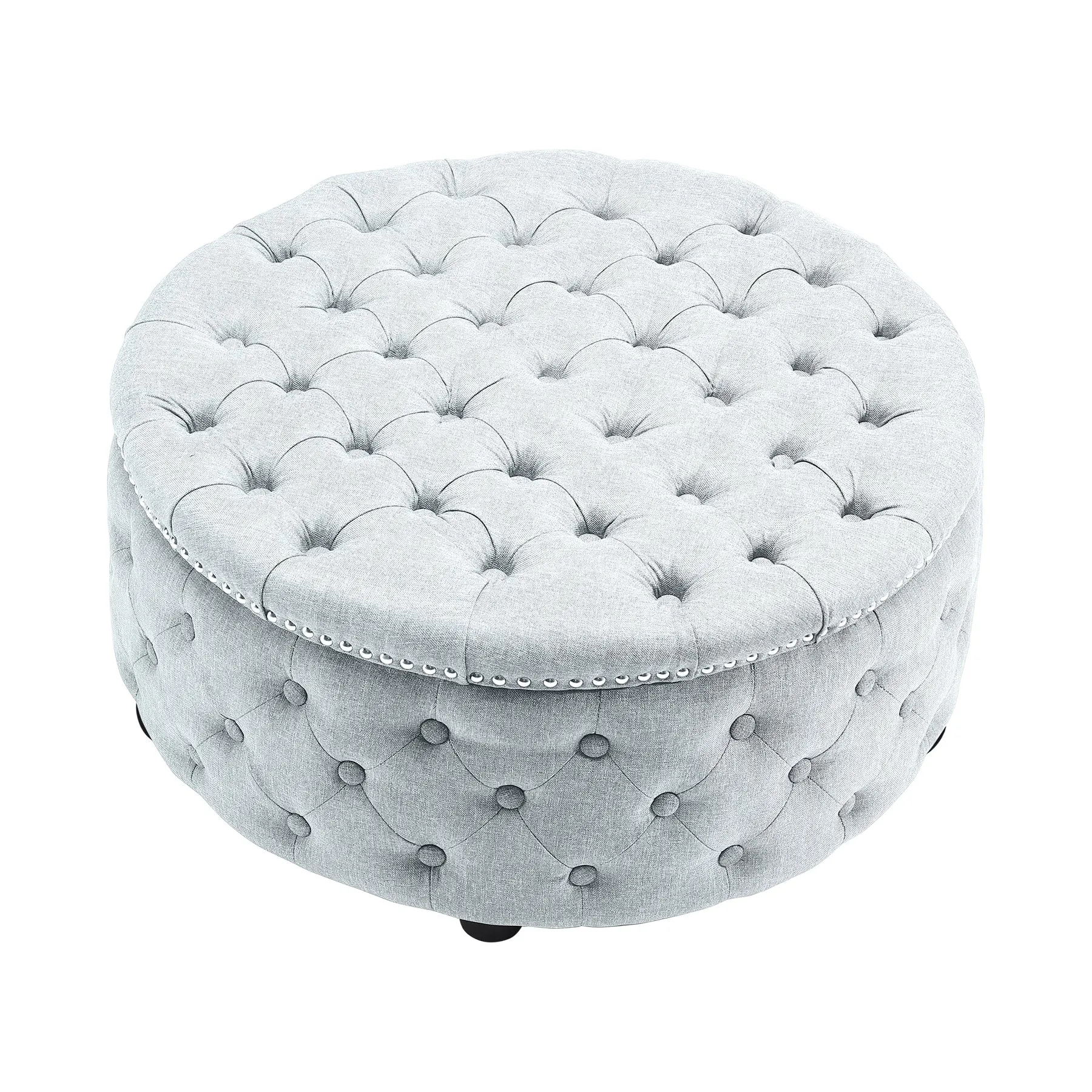 Linen Upholstered Ottoman Footrest Round Footstool with Studed Edge