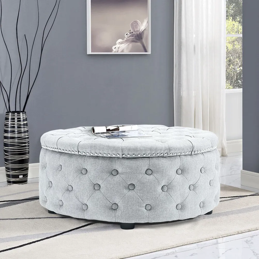 Linen Upholstered Ottoman Footrest Round Footstool with Studed Edge