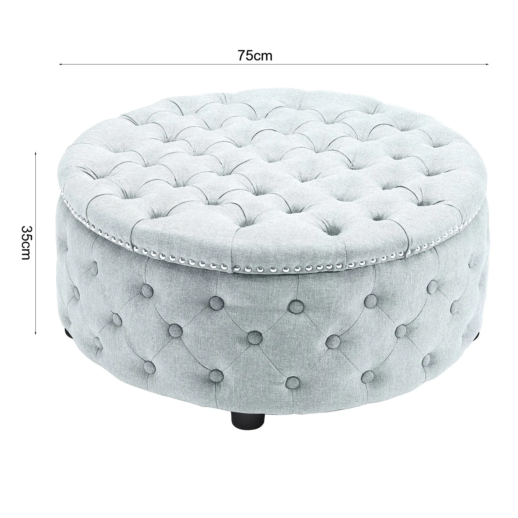 Linen Upholstered Ottoman Footrest Round Footstool with Studed Edge