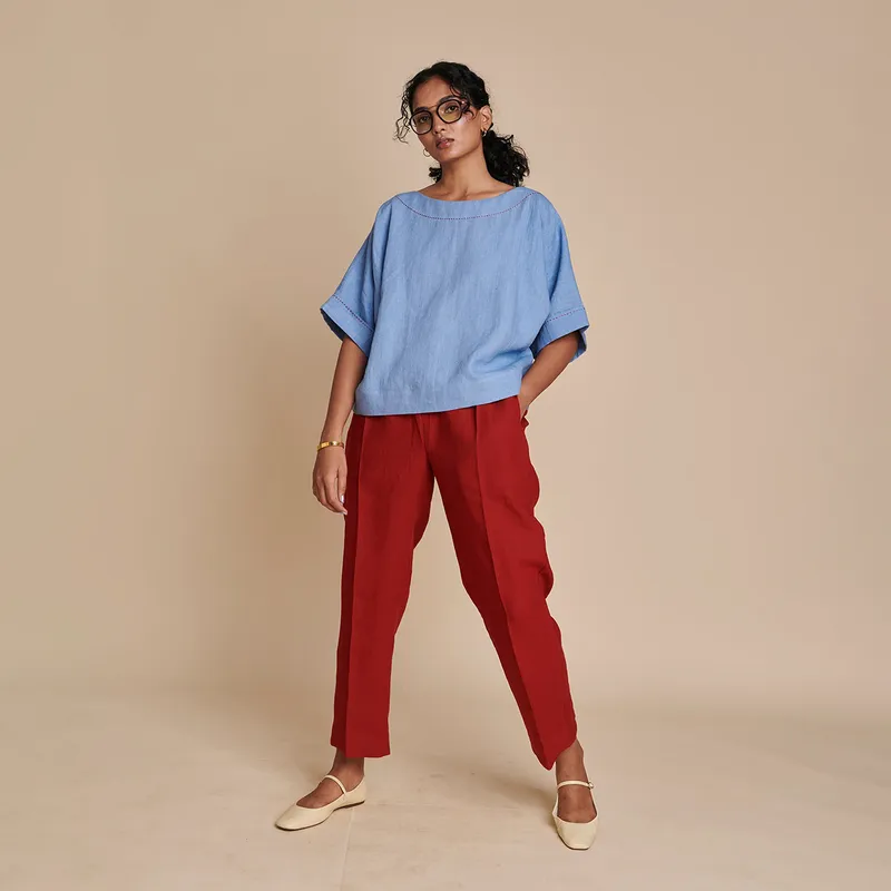 Linen Women Top & Pants Set | Blue & Red