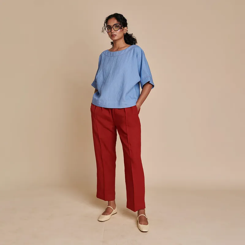 Linen Women Top & Pants Set | Blue & Red