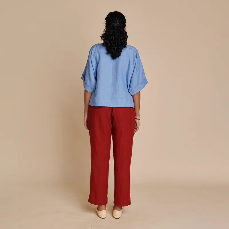 Linen Women Top & Pants Set | Blue & Red