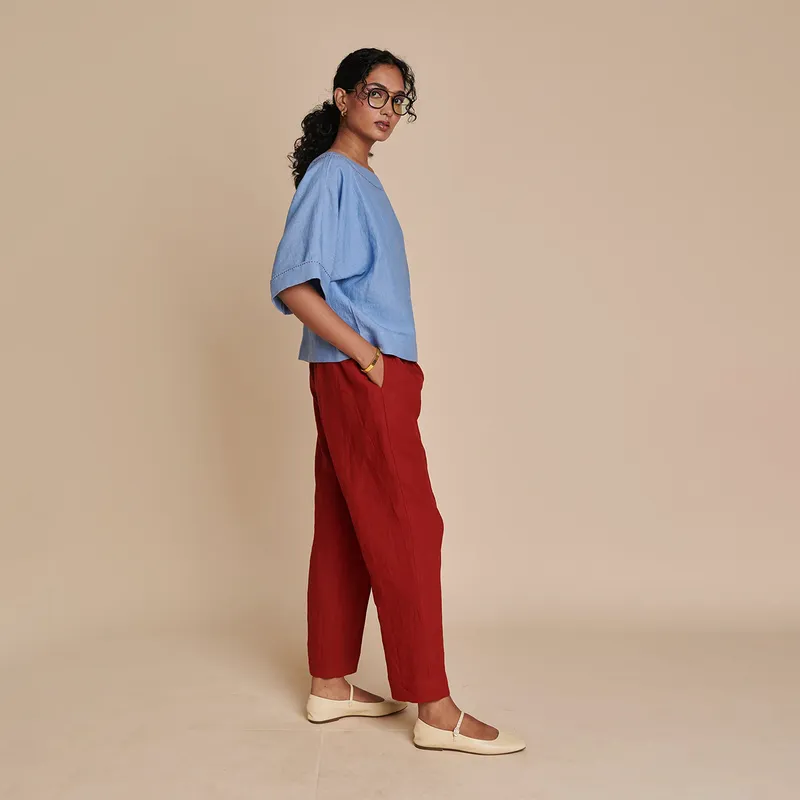 Linen Women Top & Pants Set | Blue & Red