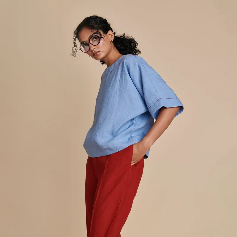 Linen Women Top & Pants Set | Blue & Red