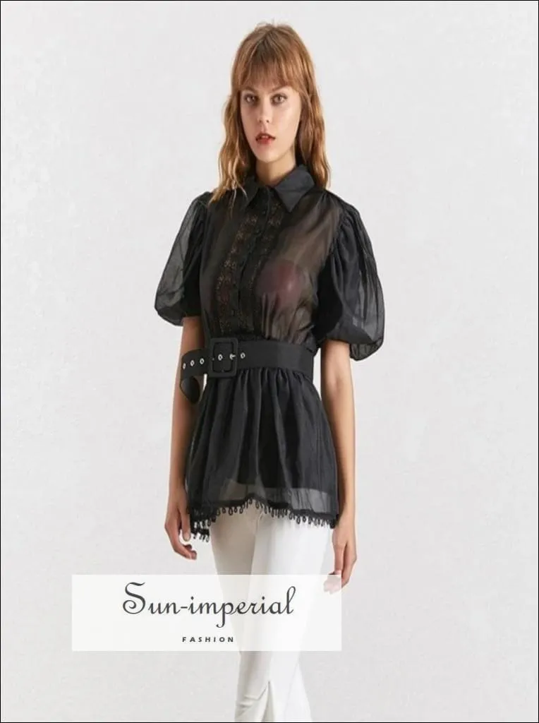 Lisa top -  White Elegant Sheer Belted Women Blouse Lapel Collar Short Puff Sleeve Chiffon Top