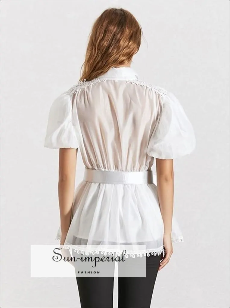 Lisa top -  White Elegant Sheer Belted Women Blouse Lapel Collar Short Puff Sleeve Chiffon Top