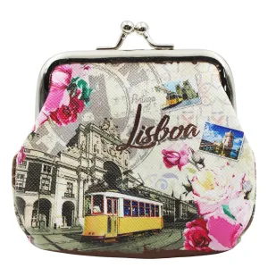 Lisboa Portugal Coin Purse with Pink Floral Motifs, Yellow Lisbon Tram Design, Clasp Closure