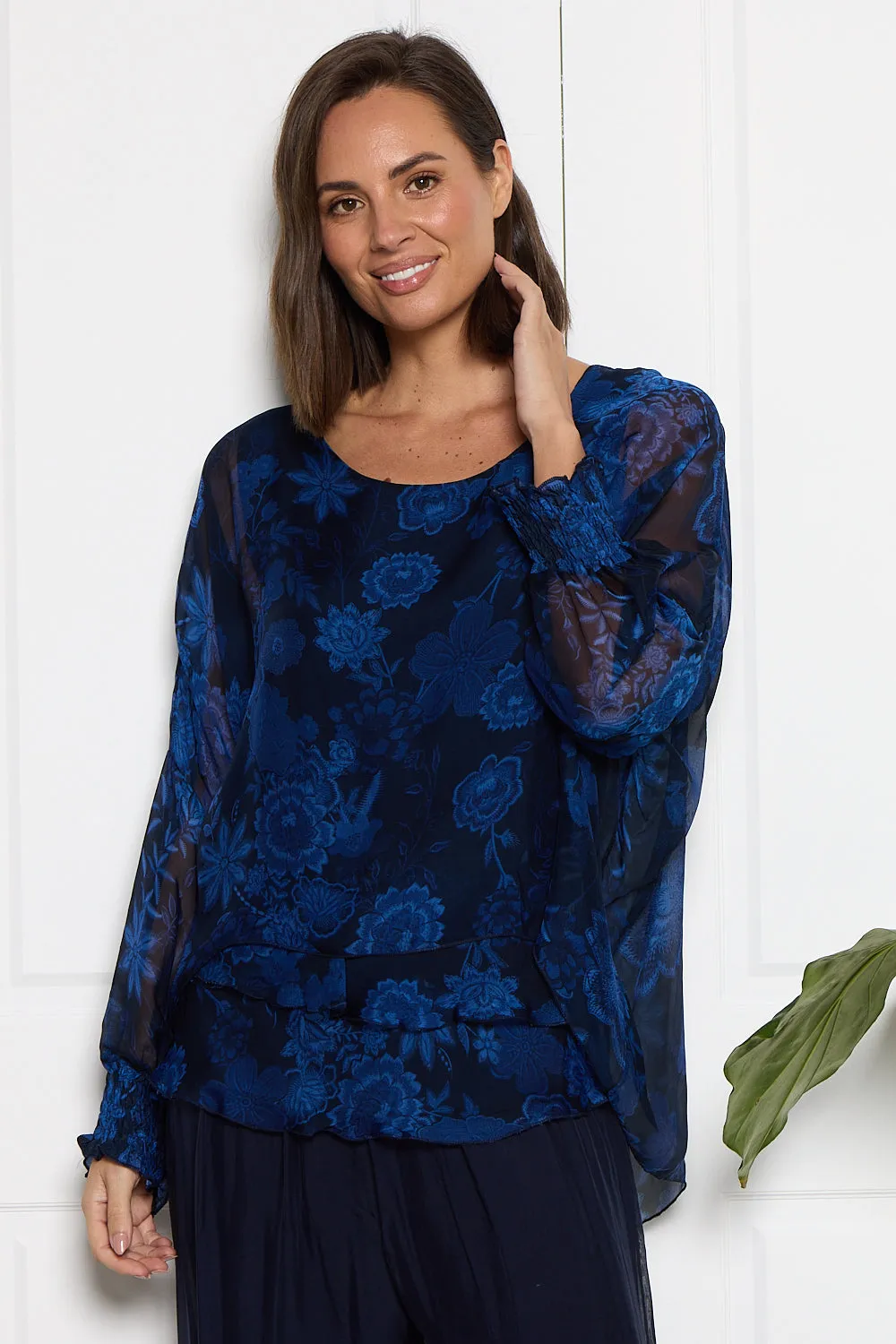 Lisette Long Sleeve Silk Top - Royal Jacobean