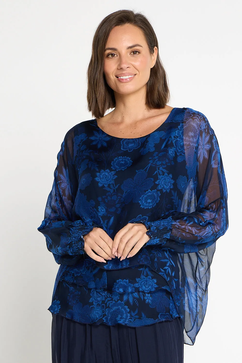 Lisette Long Sleeve Silk Top - Royal Jacobean