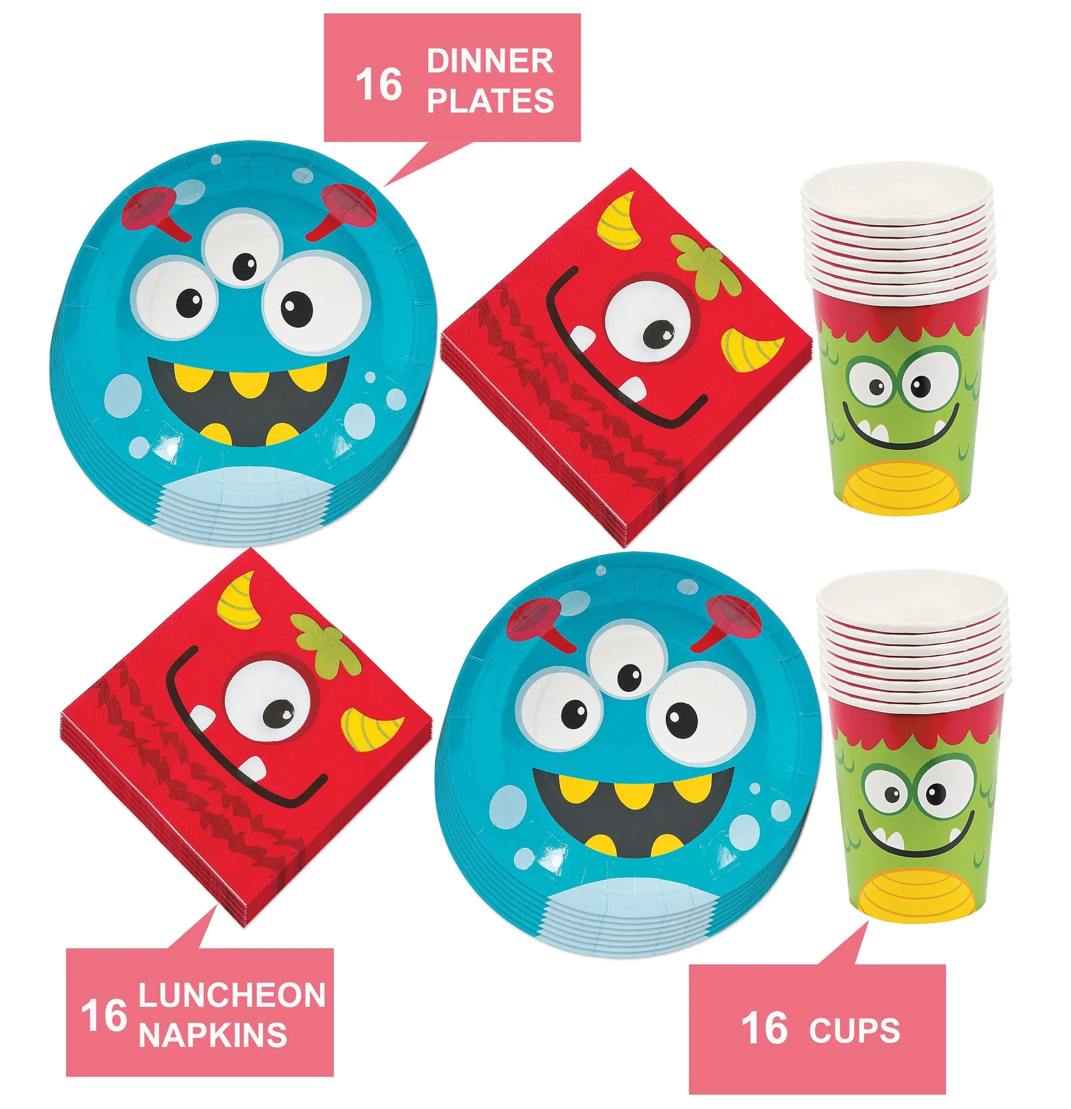 Little Monster Party Pack - Colorful Paper Dinner Plates, Luncheon Napkins, and Cups (Serves 16)