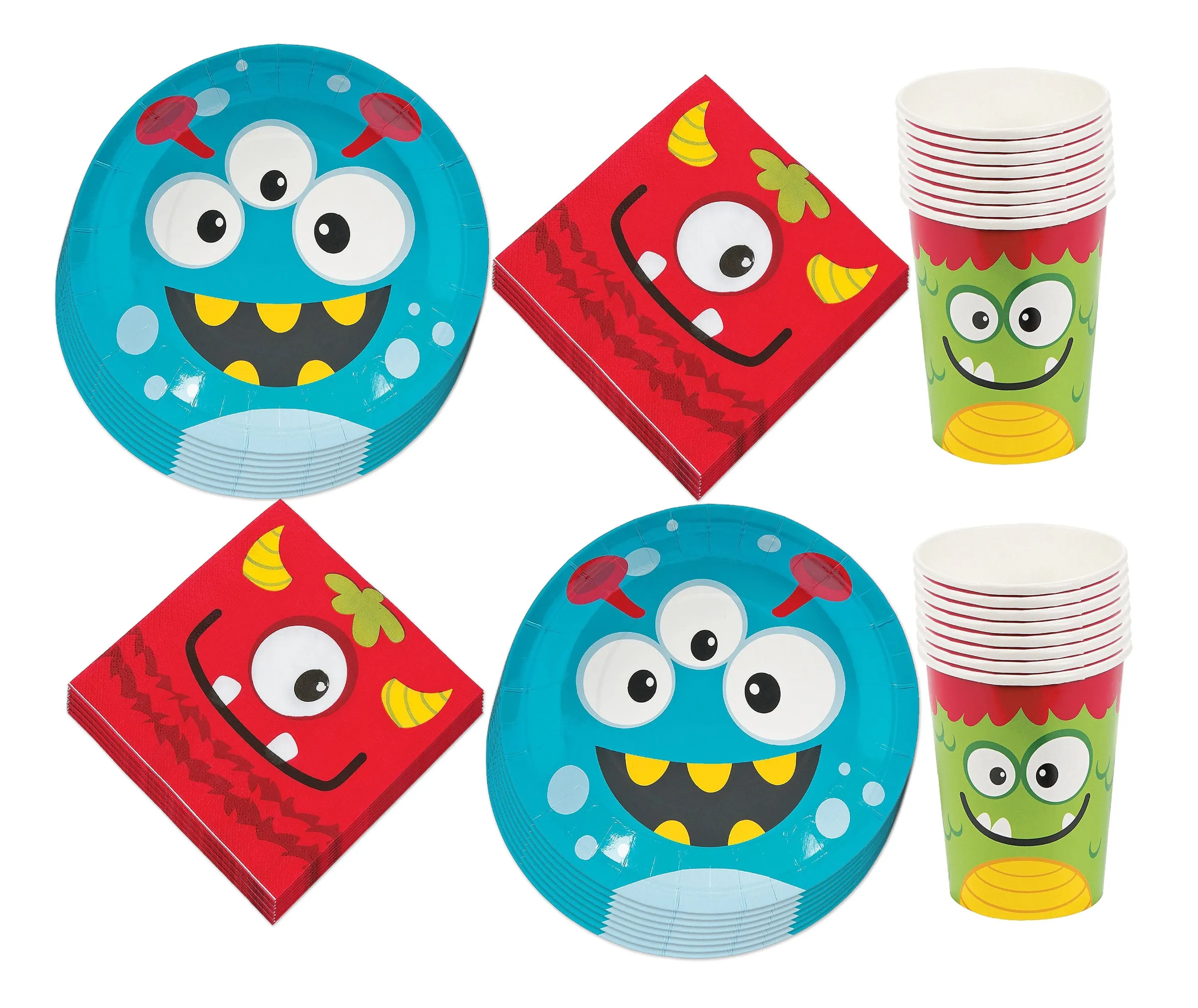 Little Monster Party Pack - Colorful Paper Dinner Plates, Luncheon Napkins, and Cups (Serves 16)