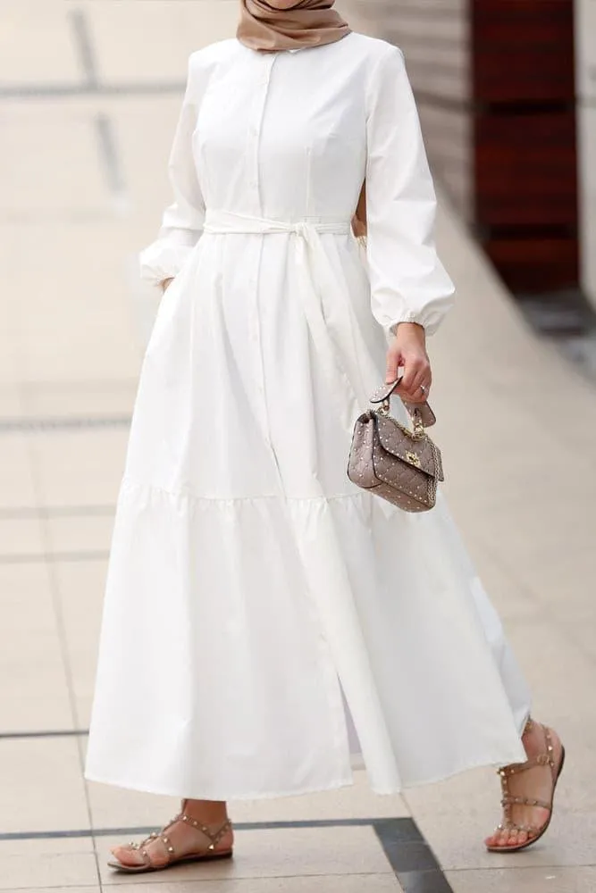 Livela collar neck button through tiered maxi dress with a detachable belt in white