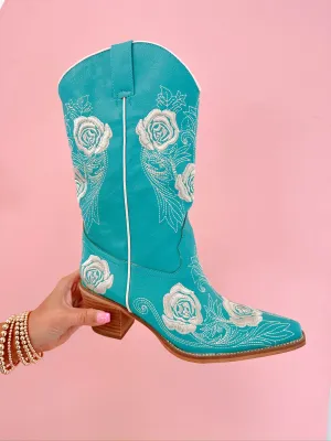 Livia Western Floral Embroidered Boots- Turquoise