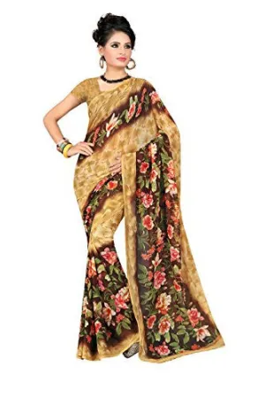 Livie Women's Georgette Sarees Party Wear/Fancy Georgette Sarees/Printed Georgette Sarees - Peanut Brown &amp; Mocha Brown