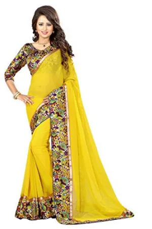 Livie Women's Georgette Sarees Party Wear/Fancy Georgette Sarees/Printed Georgette Sarees - Pineapple Yellow