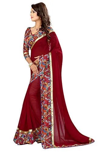 Livie Women's Georgette Sarees Party Wear/Fancy Georgette Sarees/Printed Georgette Sarees - Wine Red