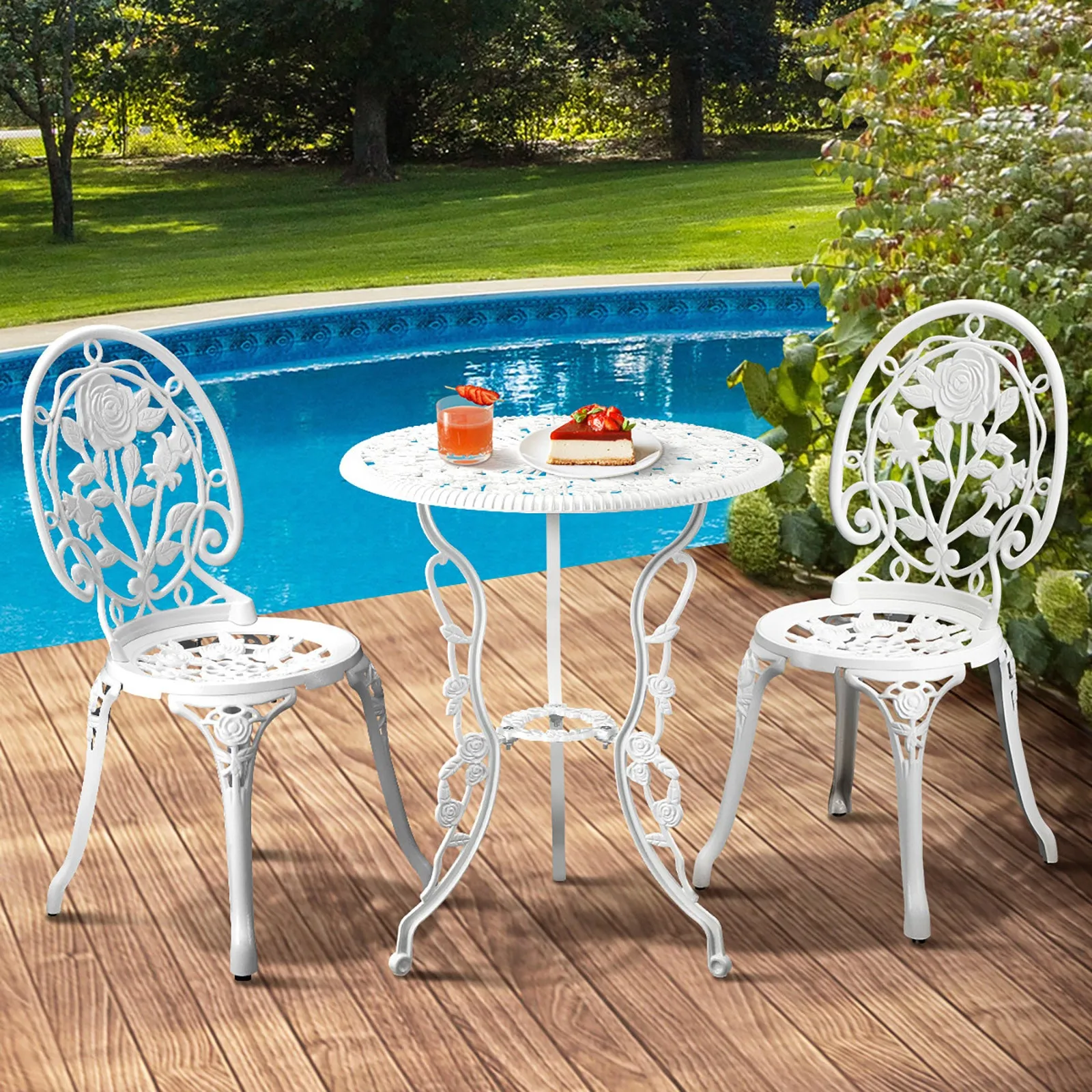 Livsip Outdoor Setting 3 Piece Bistro Chairs Table Set Cast Aluminum Patio Rose