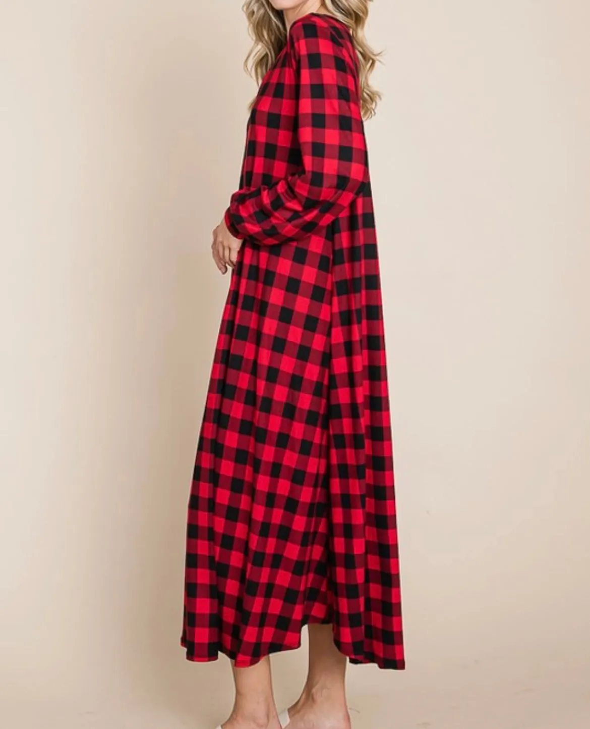 Liza Lou's BomBom Flowy Christmas Black and Red Buffalo Check Dress