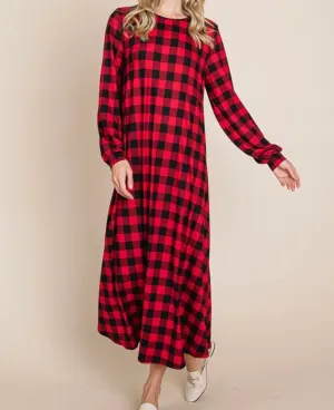 Liza Lou's BomBom Flowy Christmas Black and Red Buffalo Check Dress