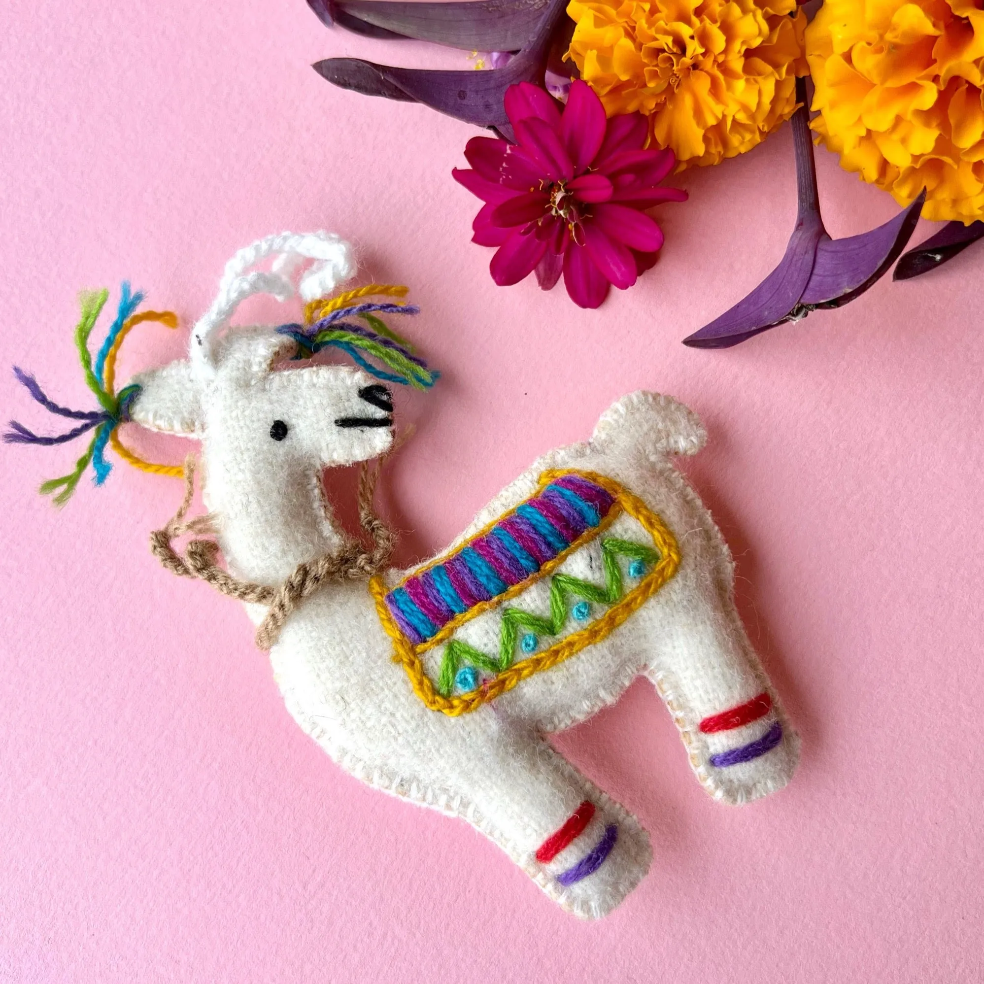 Llama Ornament, Embroidered Wool