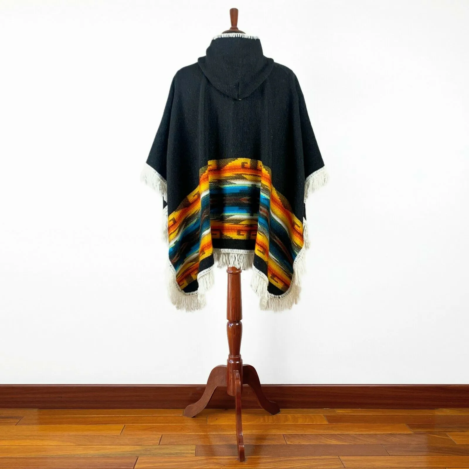 Llama wool Unisex Hooded Open Cape Poncho - Authentic South American Aztec pattern - BLACK