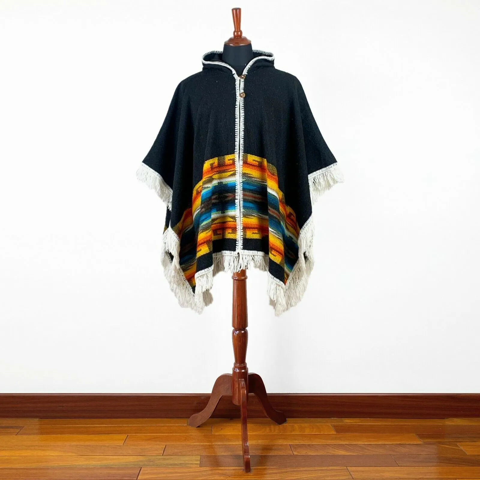 Llama wool Unisex Hooded Open Cape Poncho - Authentic South American Aztec pattern - BLACK