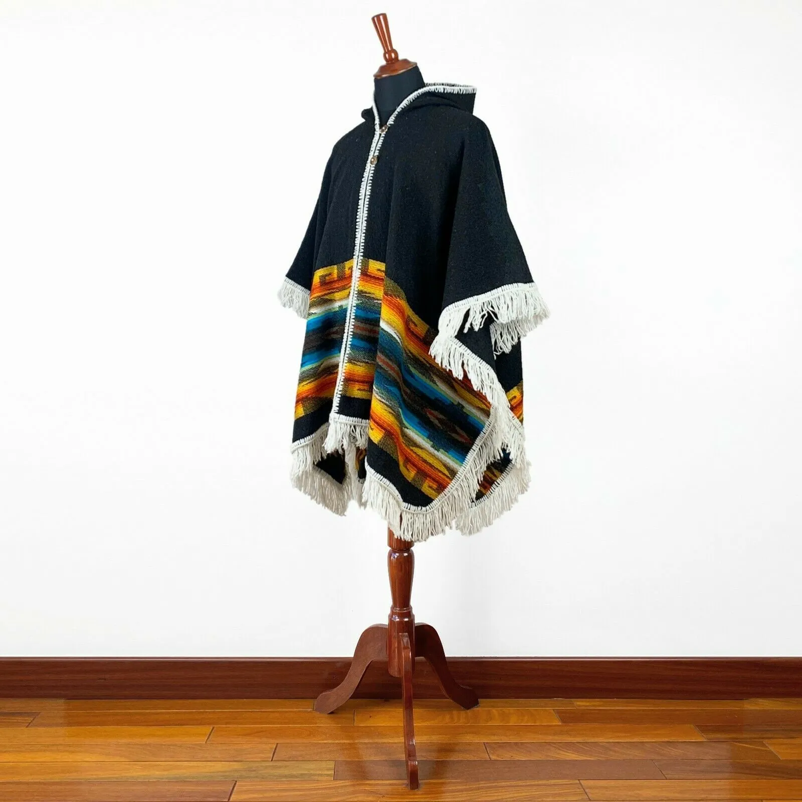 Llama wool Unisex Hooded Open Cape Poncho - Authentic South American Aztec pattern - BLACK