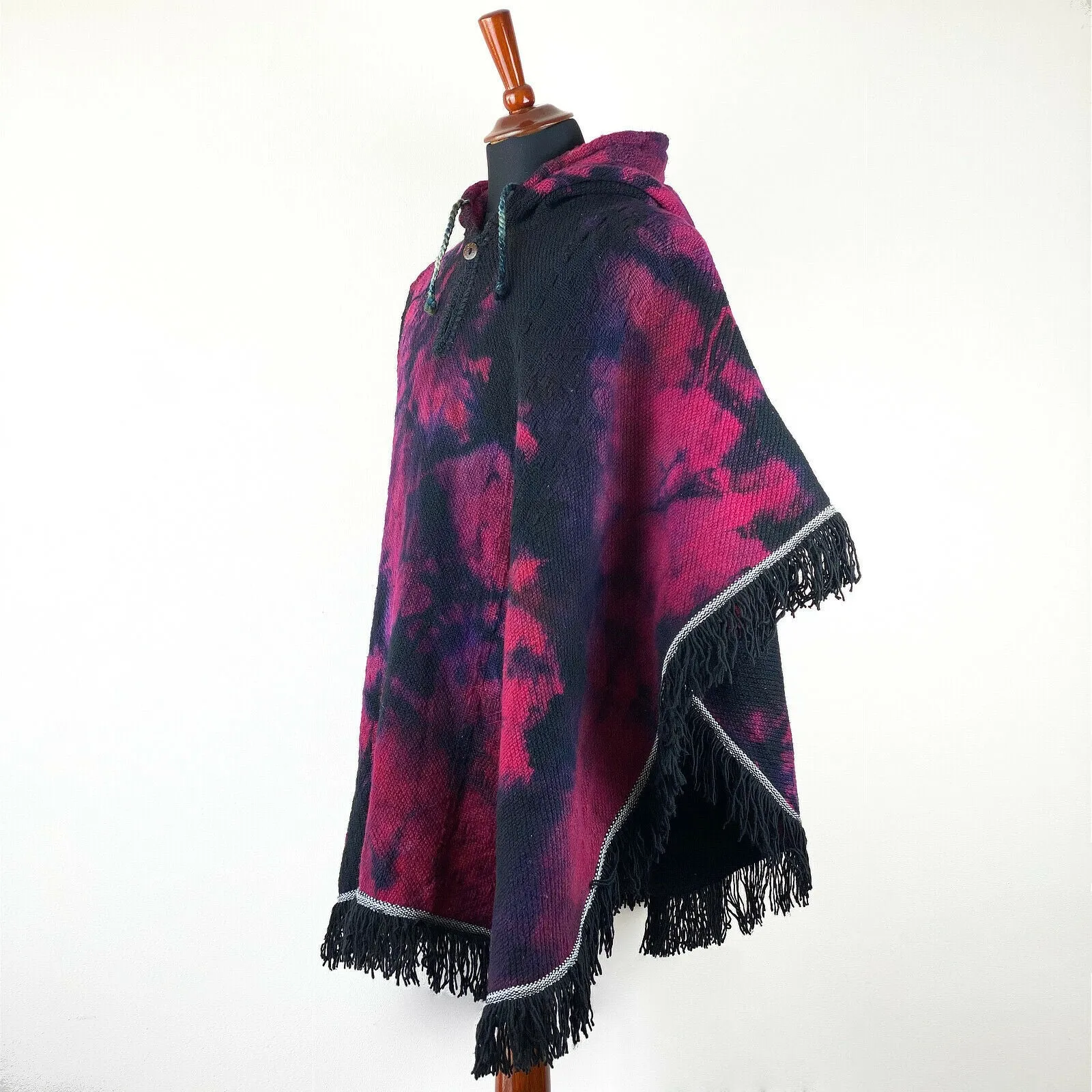 Llama Wool Unisex South American Handwoven Hooded Poncho - black/purple/blue/red abstract pattern