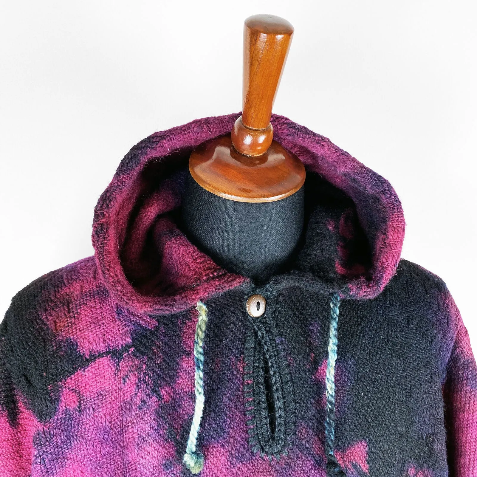 Llama Wool Unisex South American Handwoven Hooded Poncho - black/purple/blue/red abstract pattern