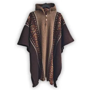 Llama Wool Unisex South American Handwoven Hooded Poncho - solid brown with diamonds pattern