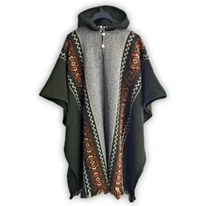 Llama Wool Unisex South American Handwoven Hooded Poncho - solid olive green with diamonds pattern