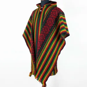 Llama Wool Unisex South American Handwoven Hooded Poncho - striped with diamonds rasta/hippie