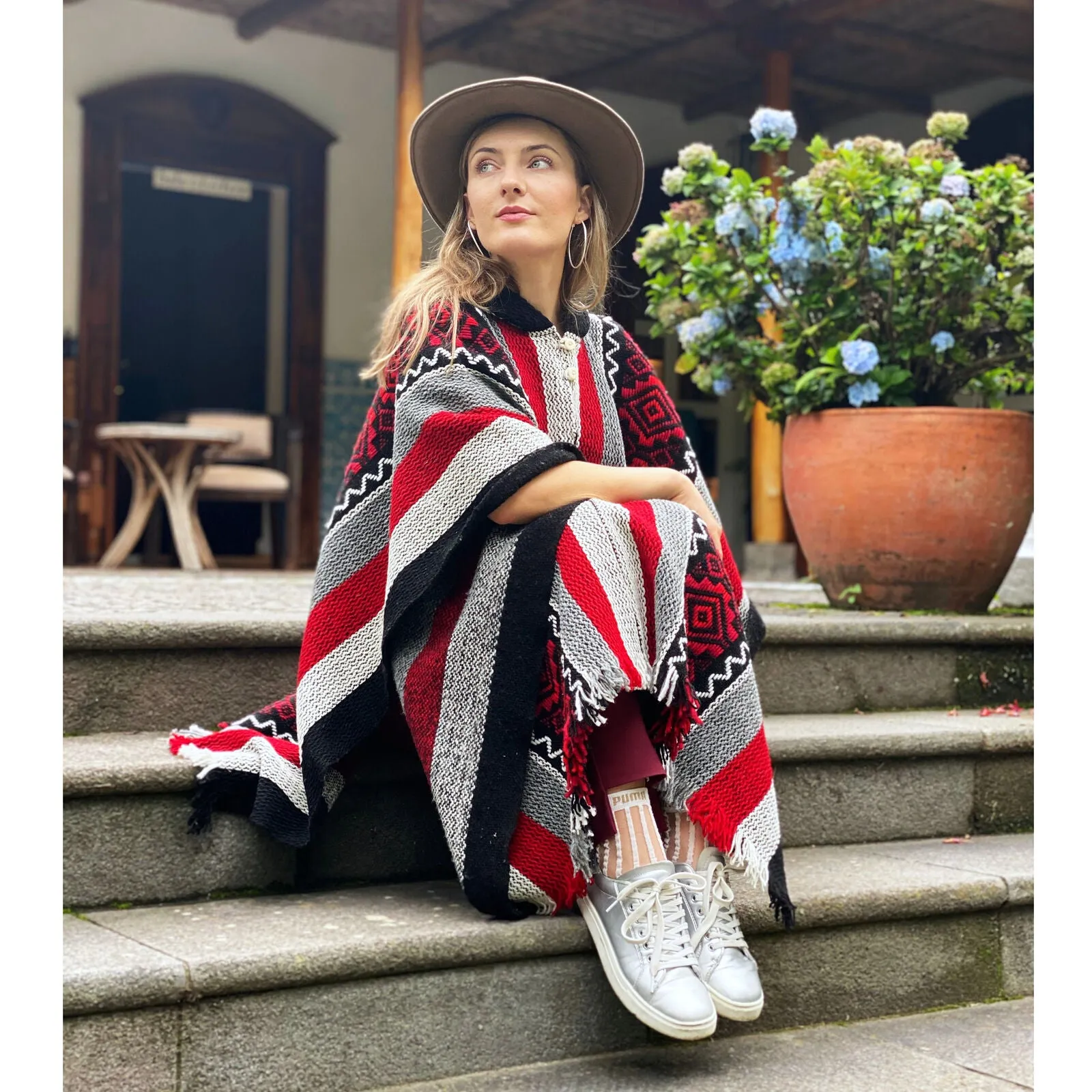 Llama Wool Unisex South American Handwoven Poncho - striped pattern BLACK/WHITE/RED with red diamonds