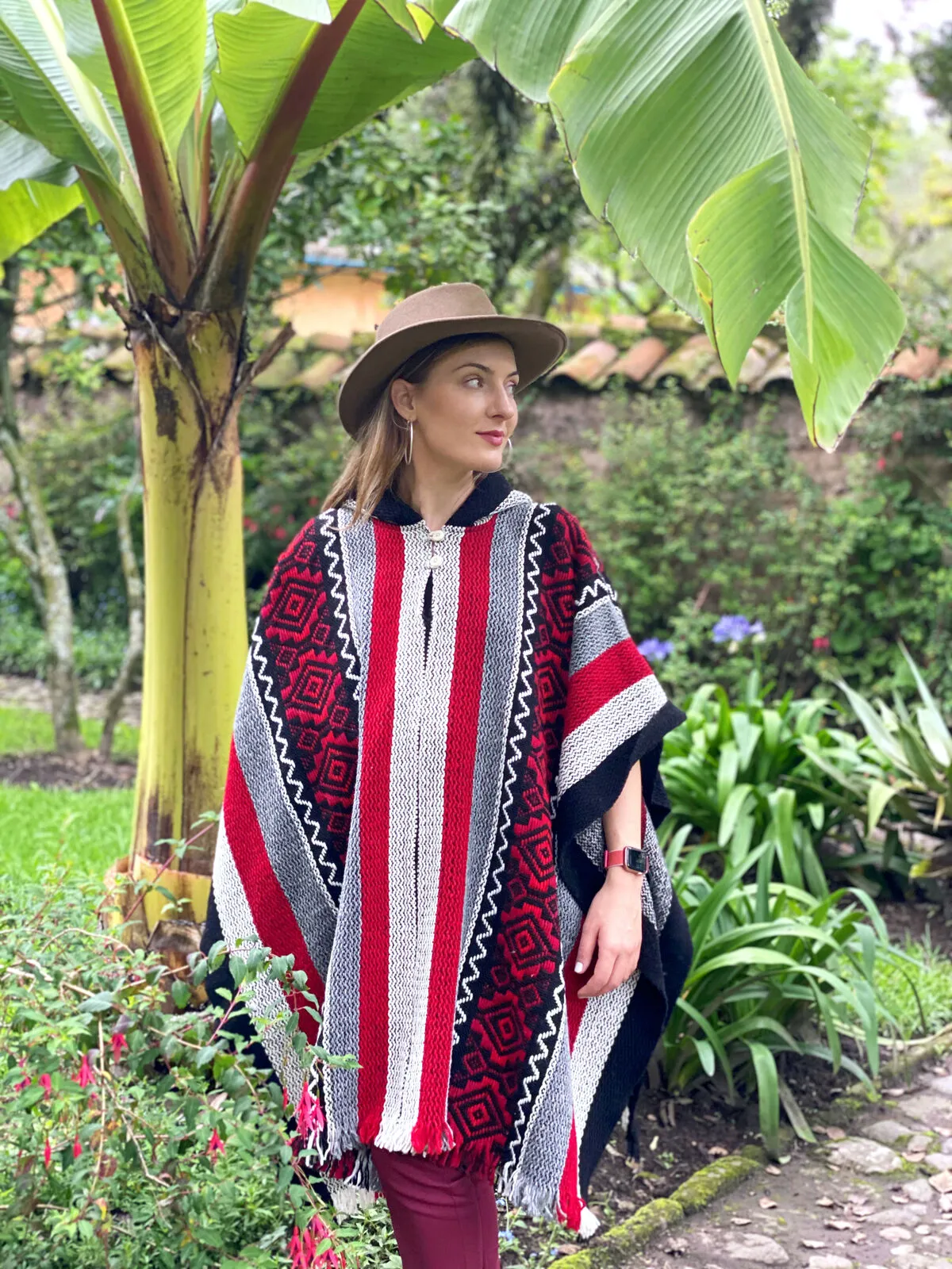 Llama Wool Unisex South American Handwoven Poncho - striped pattern BLACK/WHITE/RED with red diamonds