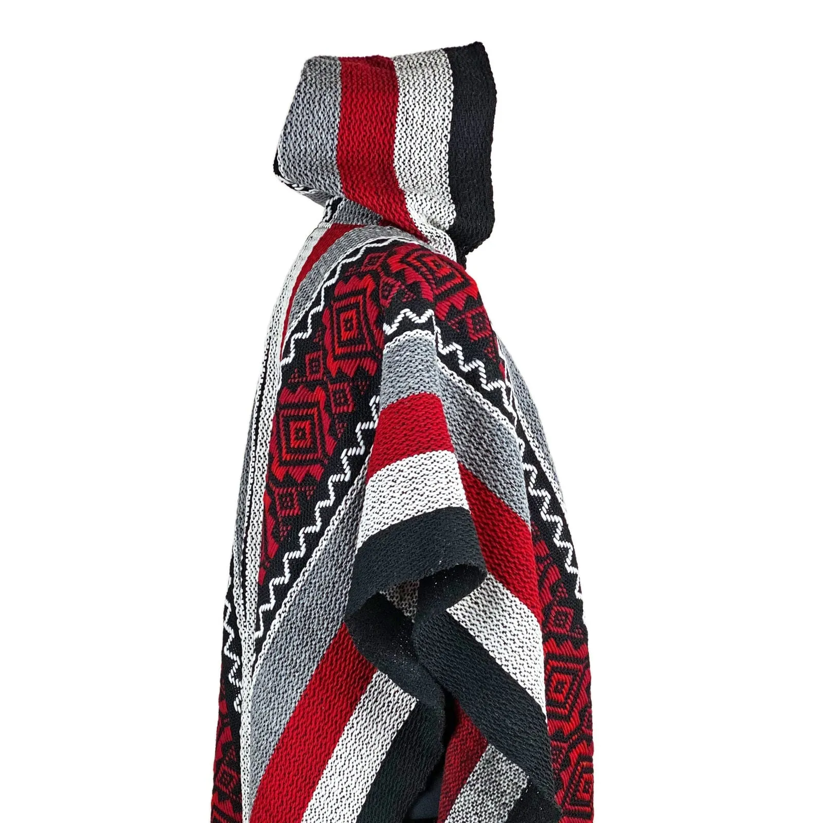 Llama Wool Unisex South American Handwoven Poncho - striped pattern BLACK/WHITE/RED with red diamonds