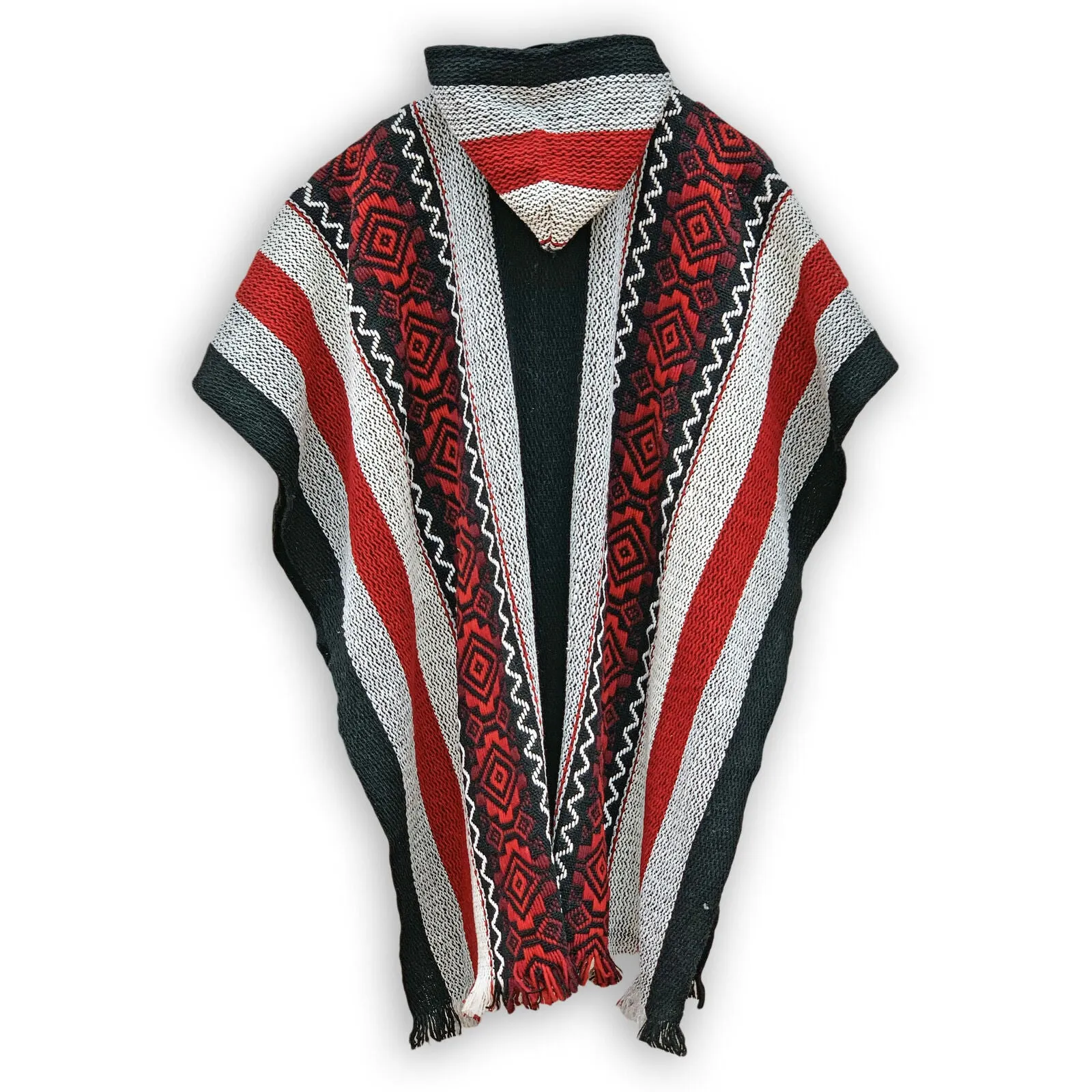 Llama Wool Unisex South American Handwoven Poncho - striped pattern BLACK/WHITE/RED with red diamonds