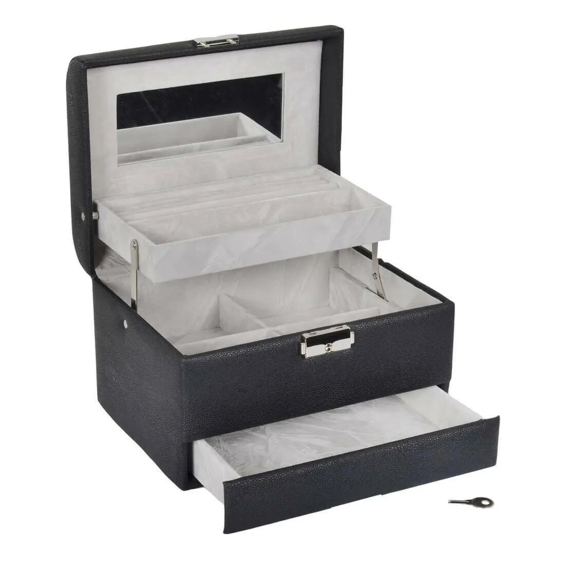 Lockable Faux Leather Jewellery Box With Three Drawers