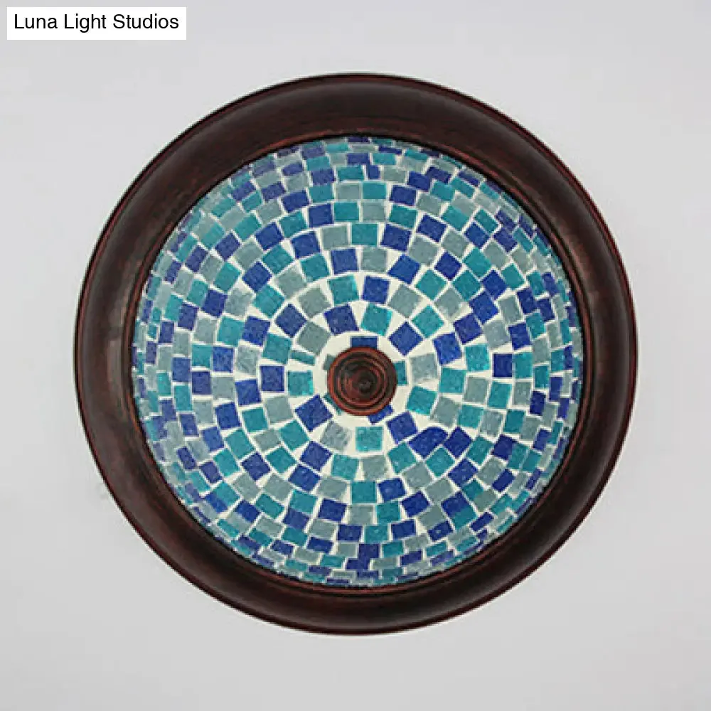 Lodge Stained Glass Bowl Ceiling Light Fixture - 1 Bulb Flushmount in Blue & White