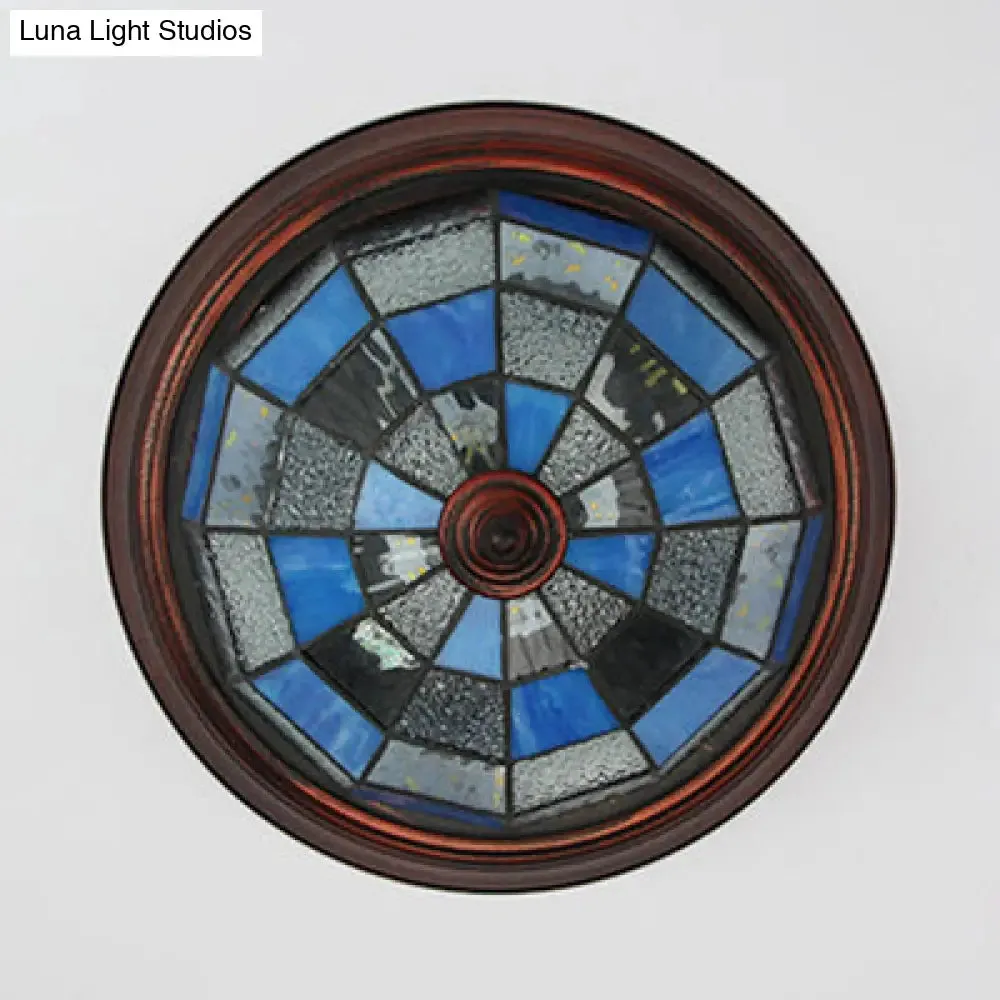 Lodge Stained Glass Bowl Ceiling Light Fixture - 1 Bulb Flushmount in Blue & White