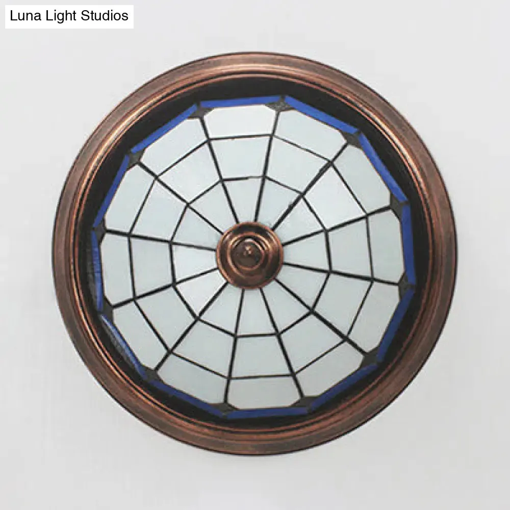 Lodge Stained Glass Bowl Ceiling Light Fixture - 1 Bulb Flushmount in Blue & White